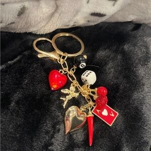 Gold and Red Heart Charm Keychain with Dice & Playing Card Accents